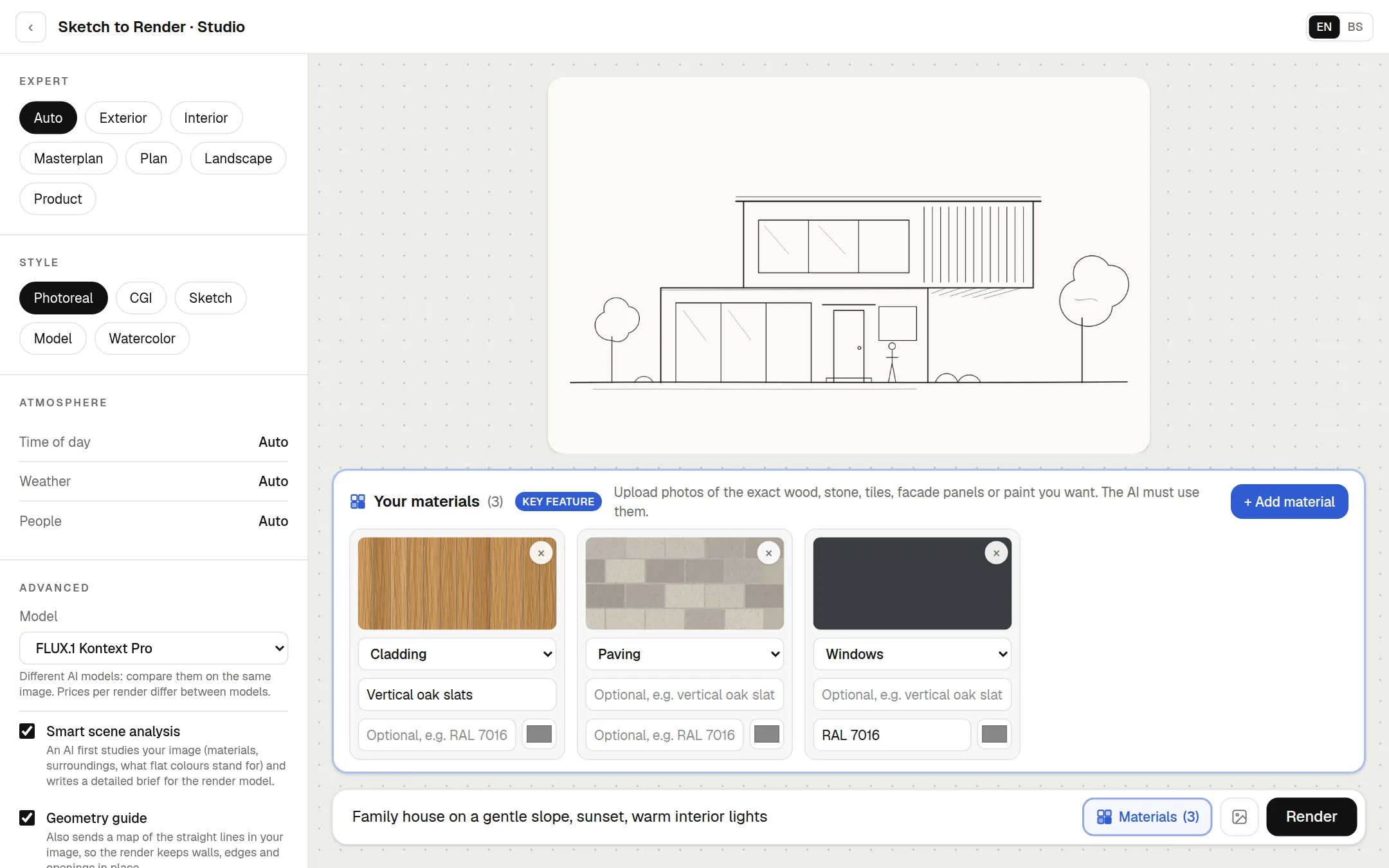 The Sketch to Render studio with a sketch and the architect's materials loaded