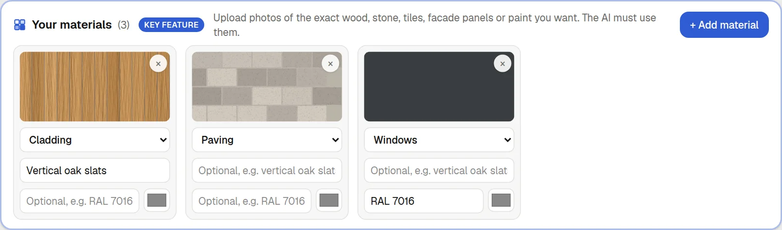 Materials panel with oak cladding, stone paving and RAL 7016 windows